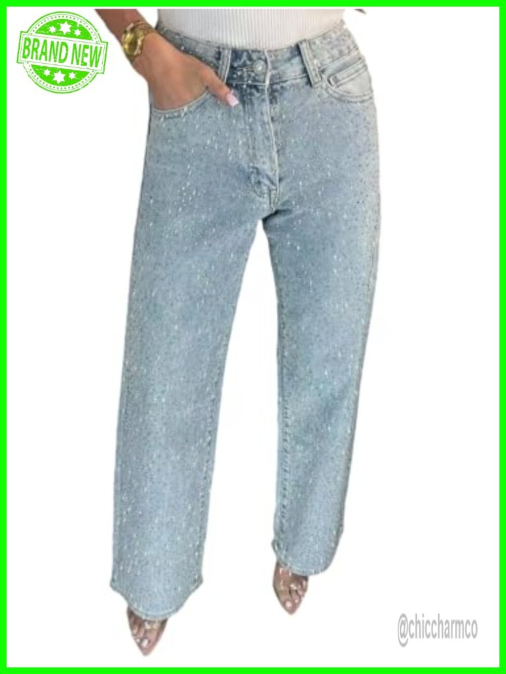 Women's Straight Leg Boyfriend Denim Pants Rhinestone Bling Jeans